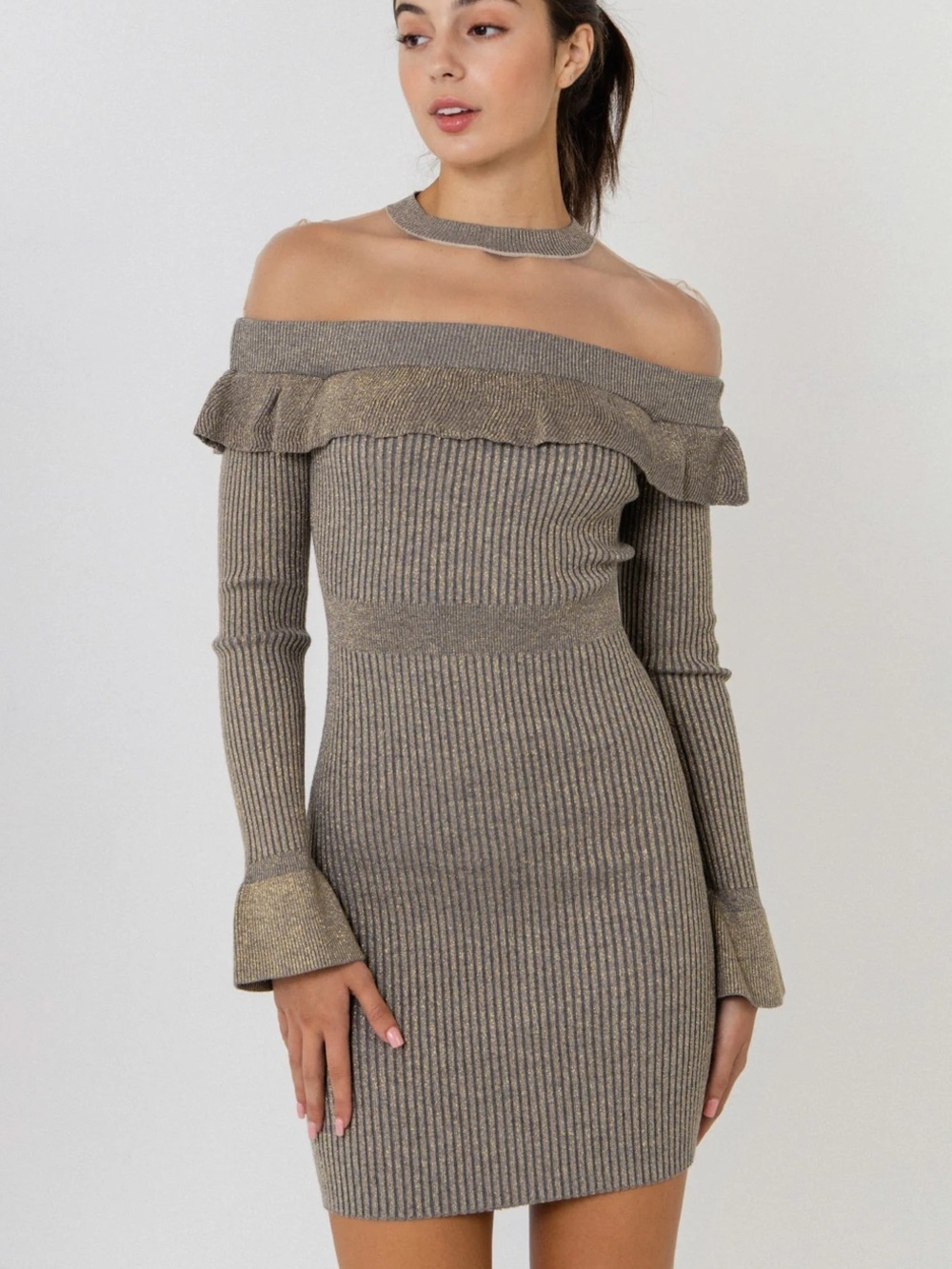 Endless Rose Off-Shoulder Metallic Taupe Ribbed Mini Dress